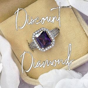 Amethyst & Clear White Baguette Diamond Cocktail Ring on 925 Silver